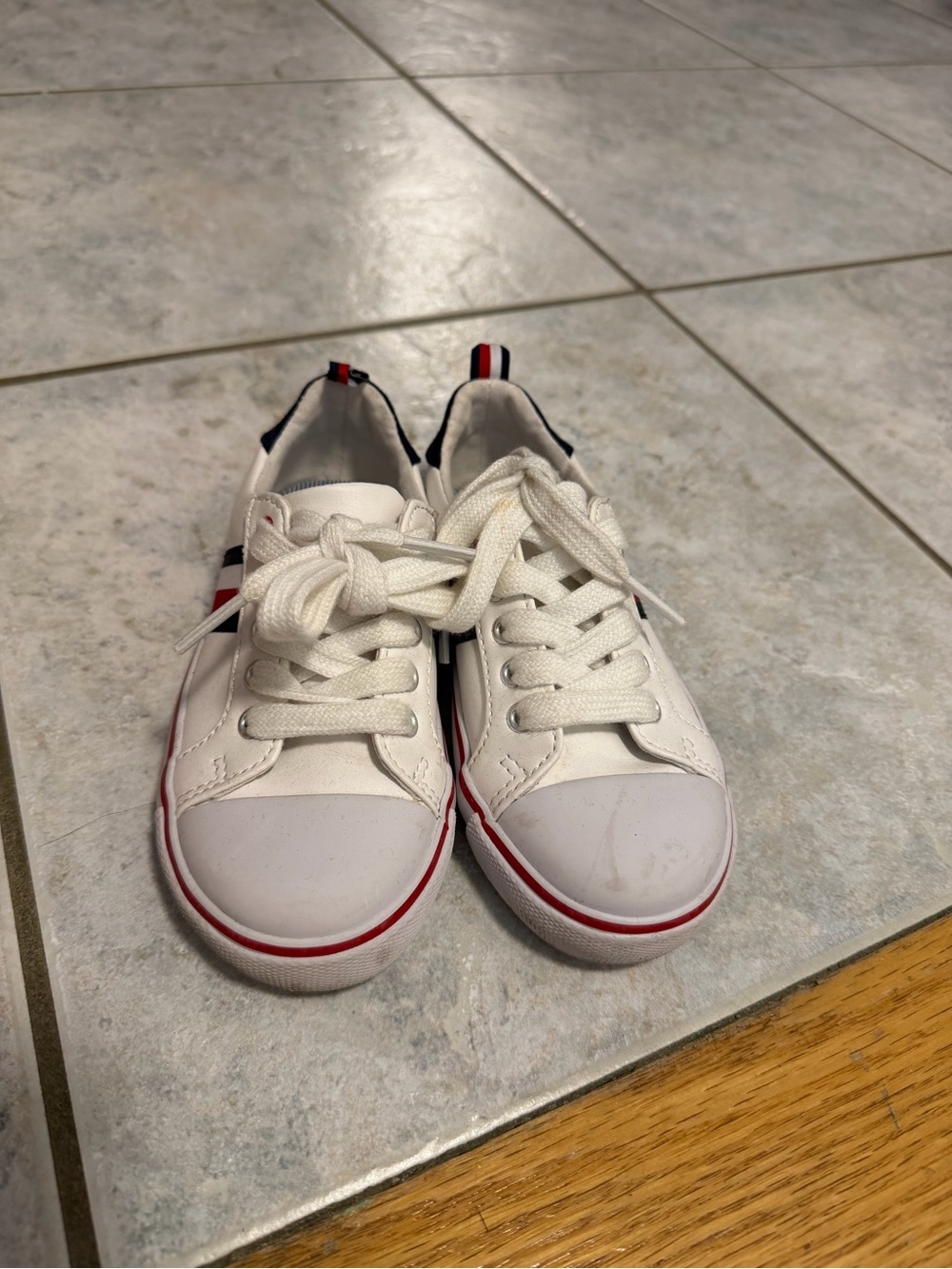 Kids White Casual Sneakers with Red & Navy Trim